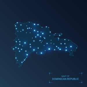 Dominican Republic map with cities. Luminous dots - neon lights on dark background. Vector illustration. map of Dominican Republic against blue background with lights