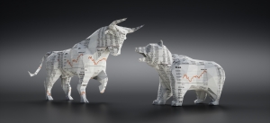 Bull and Bear made of Financial Newspaper bull and bear figures made out of paper stock charts, facing each other; hedging contango backwardation