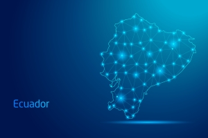 Ecuador map - concept of communication technology, graphic of low poly. map of Ecuador against blue background with lights