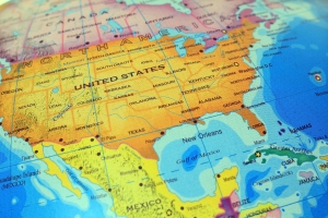 Classroom globes map of United States, USA; atlas style - at an angle
