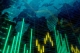 stock graph overlaid on top of transparent image of globe