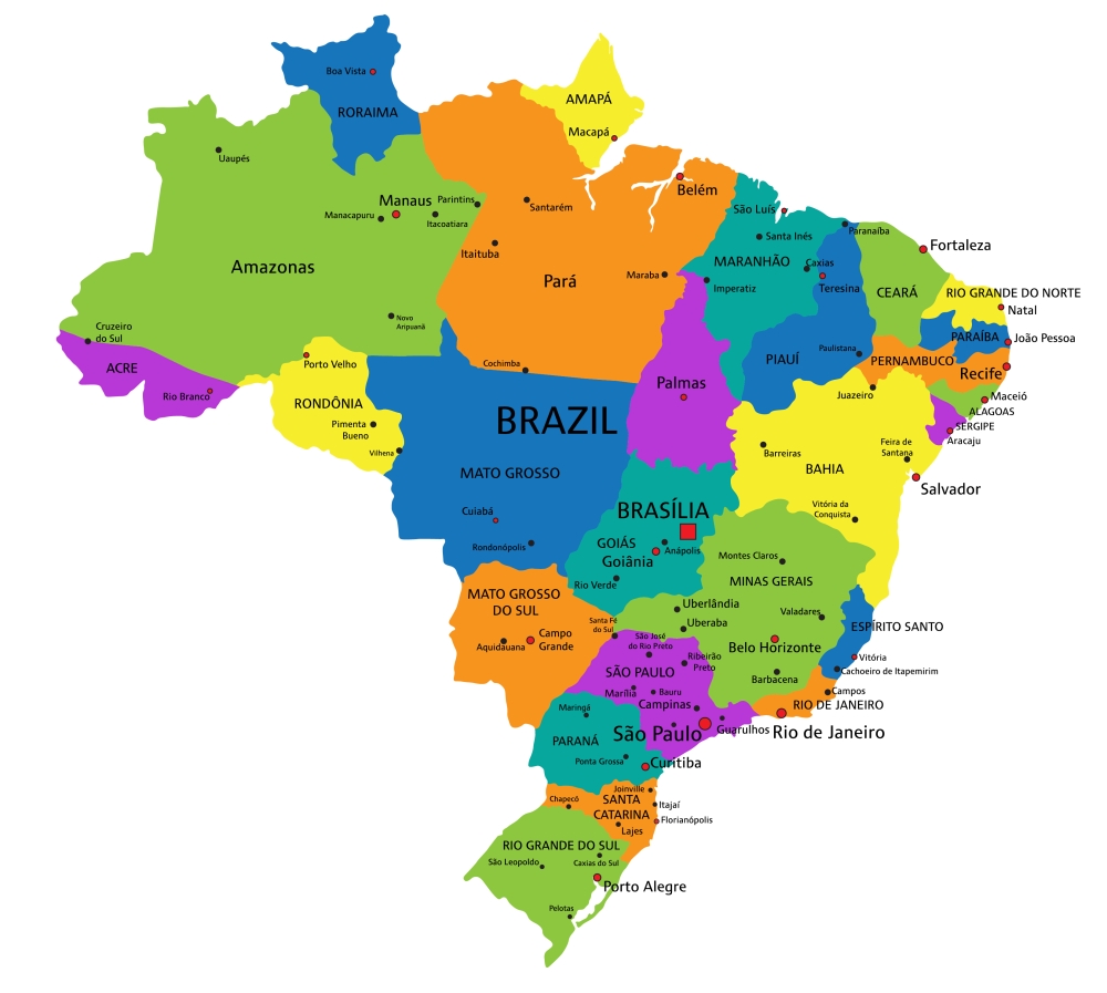 Colorful Brazil political map with clearly labeled, separated layers. colorful map of Brazil with states/regions designated; energy investment