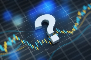 Question Mark Sitting over Blue Financial Bar Graph - Stock Market and Finance Concept white question mark against background of stock financial chart, dark blue background; Q & A Tina Schmitt