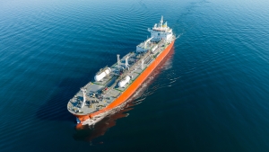 Aerial view of LPG gas ship. Gas carrier, gas tanker sailing in ocean LPG carrier ship on the ocean; Bangladesh energy LPG