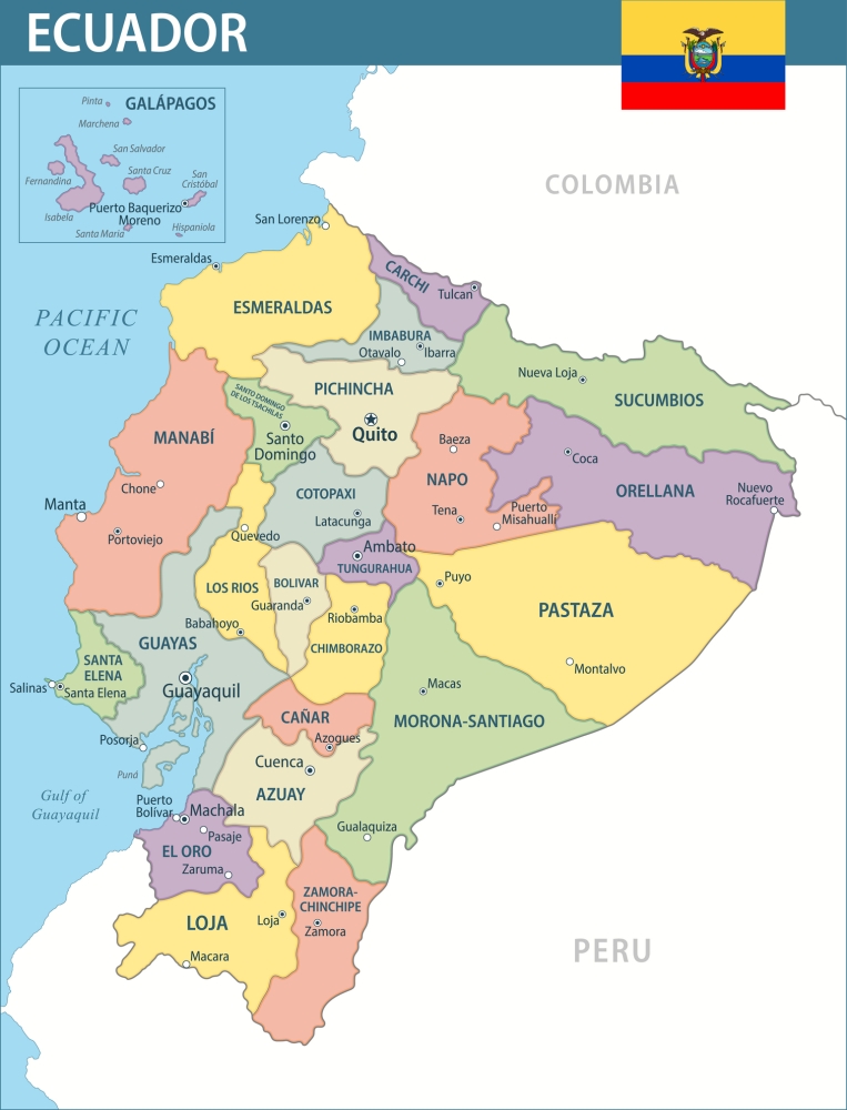 Ecuador Map Vector New 2024 Colorful - Customizable layered political map of Ecuador with administrative divisions for website, education, reports, news, politics, print, poster and wallpaper colorful map of Ecuador with states/regions designated; energy investment