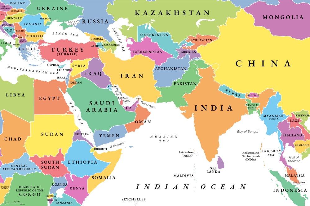 map of Middle East and Asia, colorful