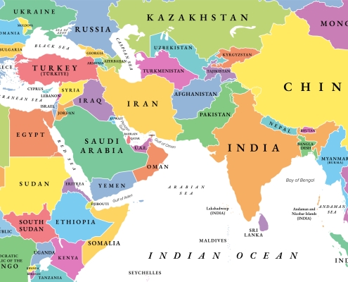 West Asia and South Asia, multi colored political map map of Middle East and Asia, colorful; energy investment