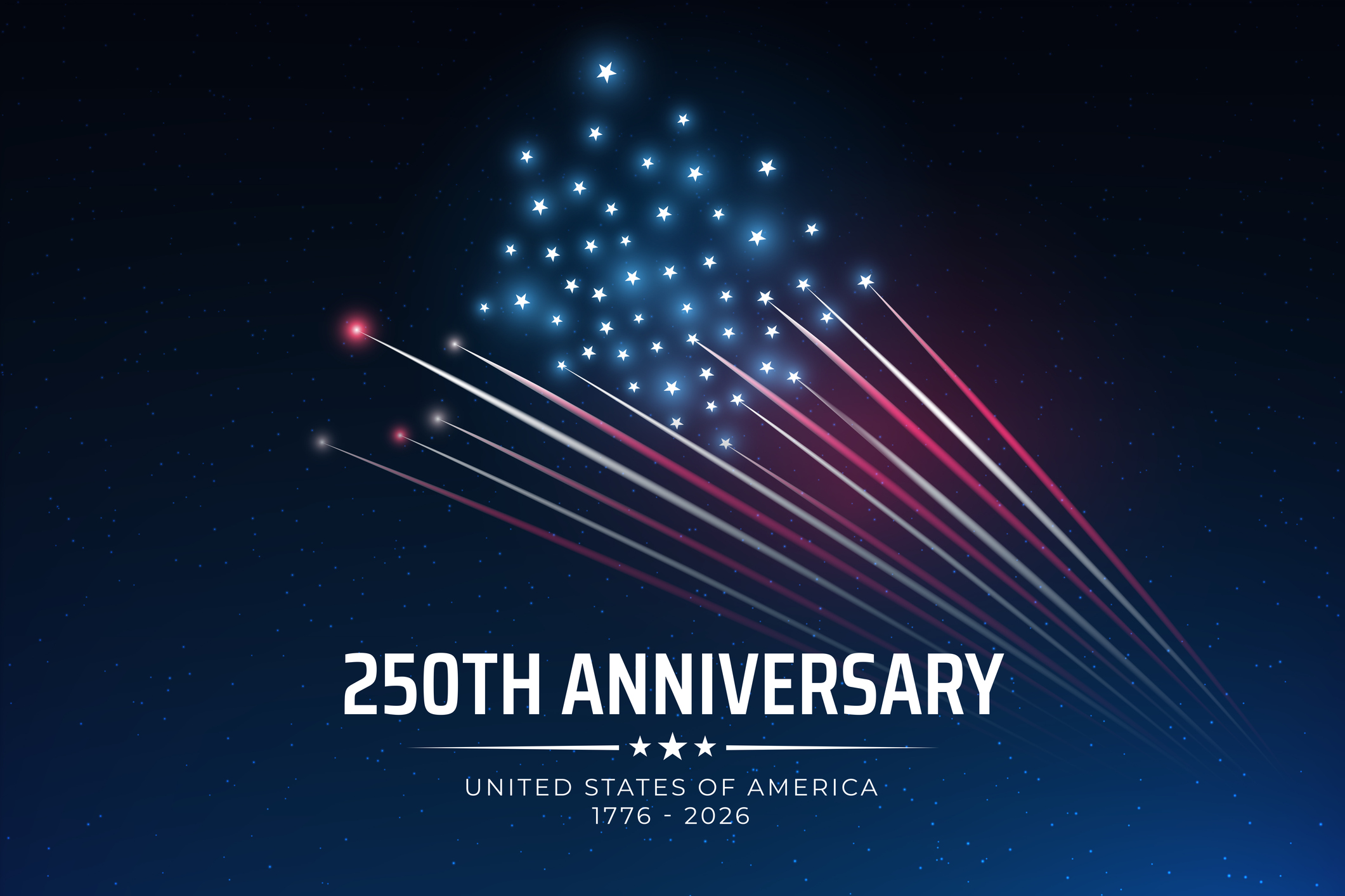 firework illustration of US flag against blue background with words 250th anniversary of USA, 1776 - 2026: 250 Anniversary of Independence