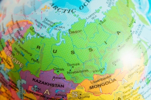 Colorful globe with Russia continent close up. map of Russia viewed from top of globe